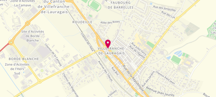 Plan de Permanence CAF de Villefranche-de-Lauragais, 134 rue de la République (à côté de la bibliothèque municipale), square du Général De Gaulle, 31290 Villefranche-de-Lauragais
