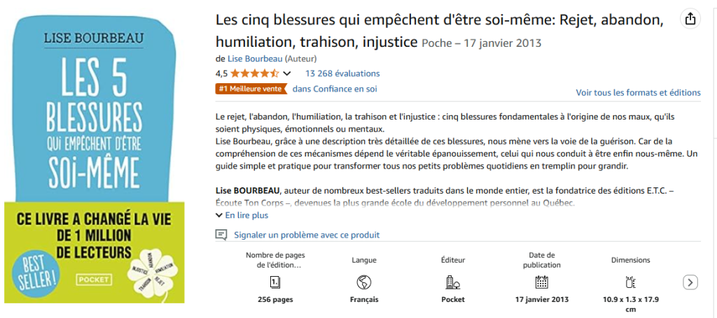  Livre sur le bien-être : Les 5 blessures qui empêchent d'être soi-même - Lise Bourbeau