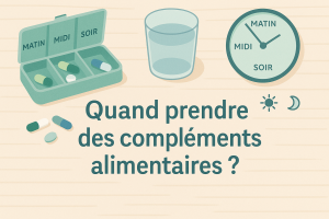 Prise de compléments alimentaires avec pilulier horloge et verre d’eau