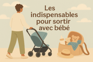 Illustration sortir avec bébé poussette et sac à langer indispensable