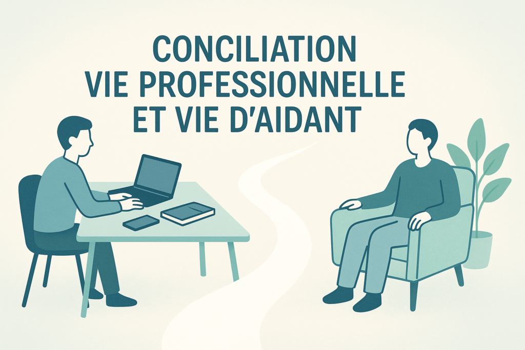Illustration conciliation vie professionnelle et vie d’aidant avec bureau et espace de détente