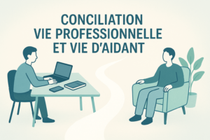 Illustration conciliation vie professionnelle et vie d’aidant avec bureau et espace de détente