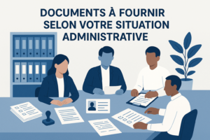 Illustration des documents à fournir selon votre situation administrative sur un bureau moderne