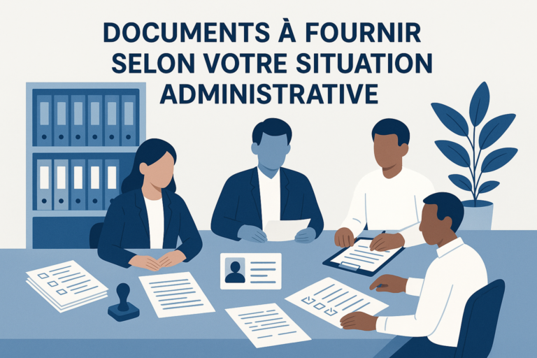 Illustration des documents à fournir selon votre situation administrative sur un bureau moderne
