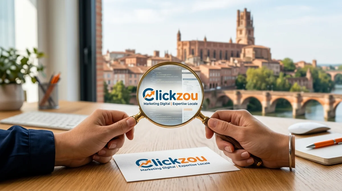 Main tenant loupe sur logo Clickzou, agence web Albi, devant clocher.
