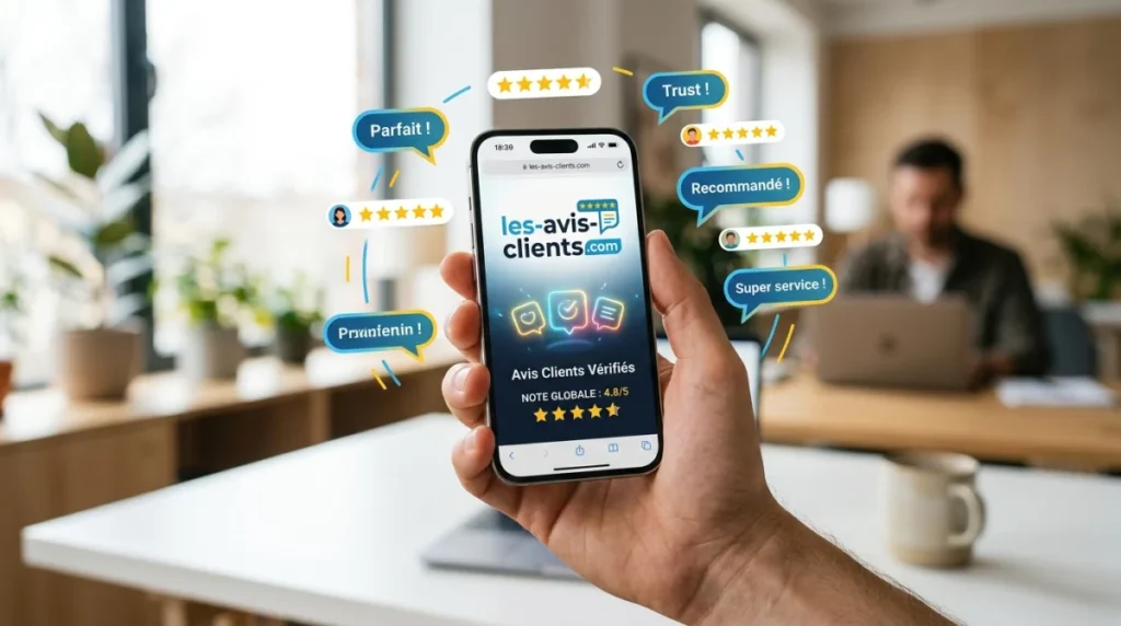 Main tenant smartphone avec logo les-avis-clients.com, étoiles et avis clients.