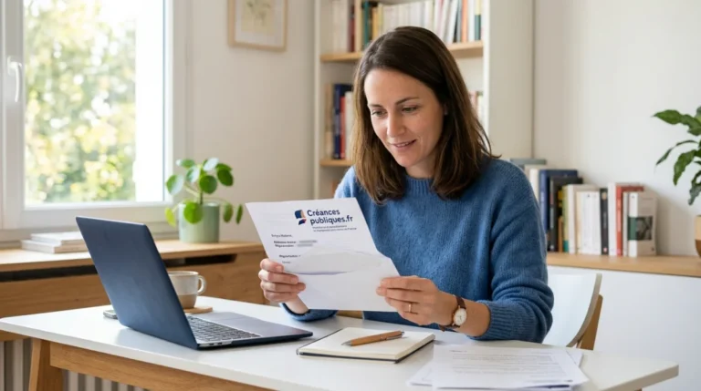 Personne recevant une lettre de creances publiques.fr, bureau lumineux, expression intriguée.