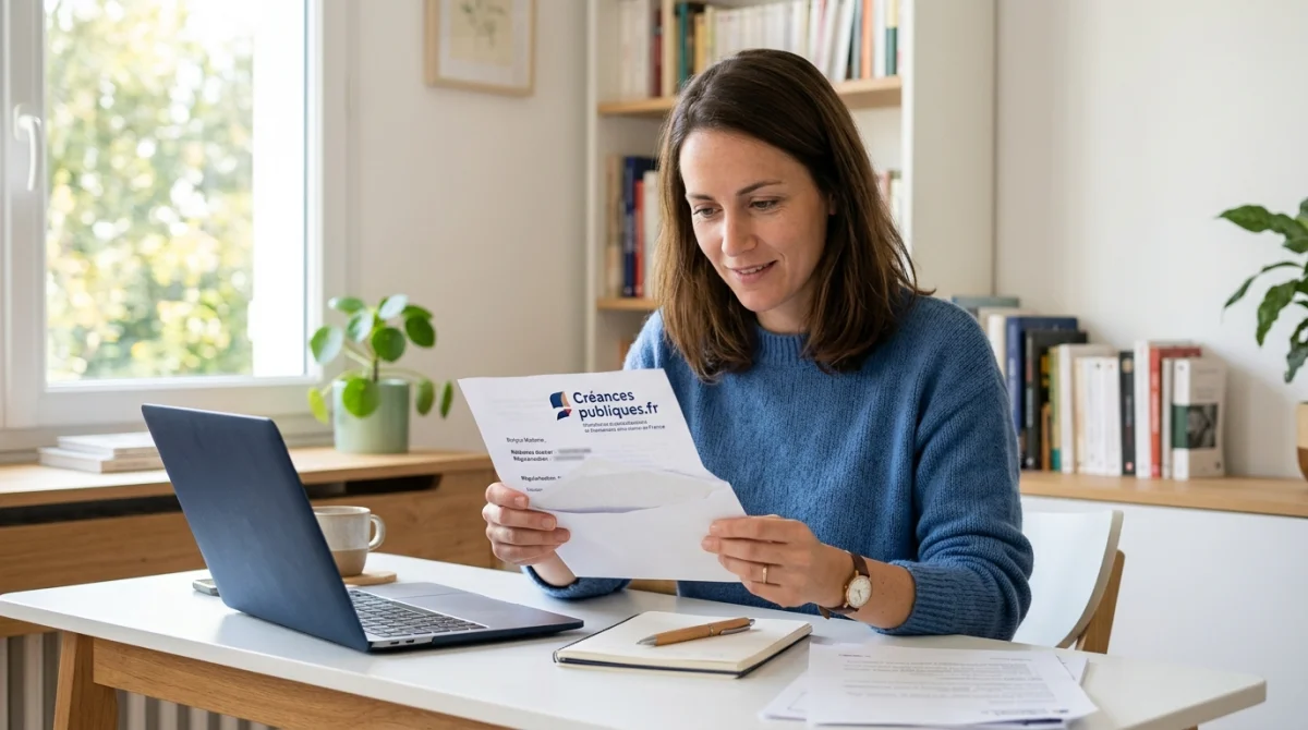 Personne recevant une lettre de creances publiques.fr, bureau lumineux, expression intriguée.