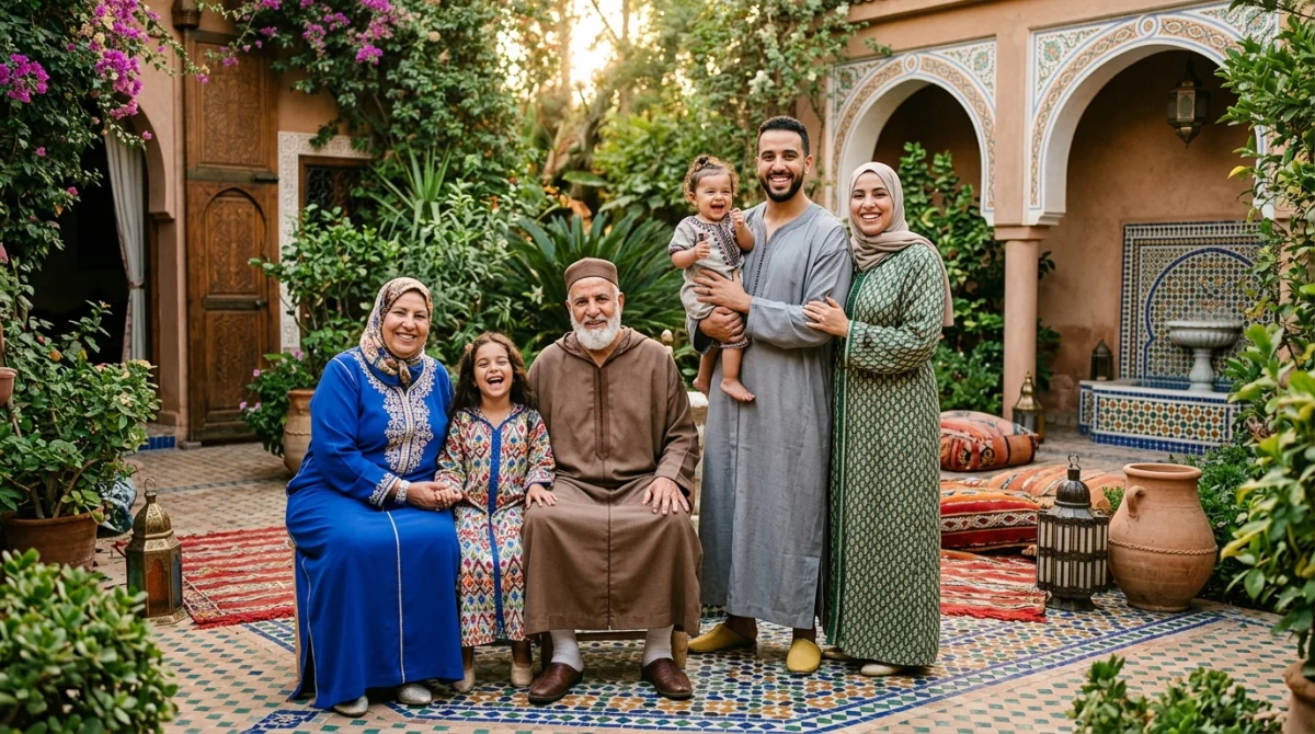 Famille marocaine souriante dans un jardin, symbolisant les noms de famille du Maroc et l'héritage culturel.