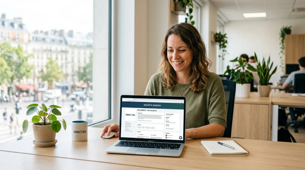 Personne souriante consultant une fiche d'entreprise optimisée sur ordinateur portable, bureau moderne