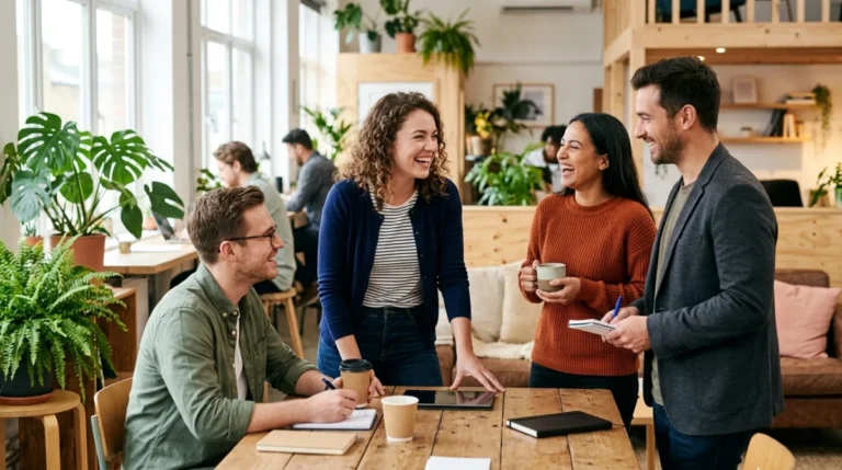 Personne souriante échangeant avec des entrepreneurs dans un espace de coworking moderne.