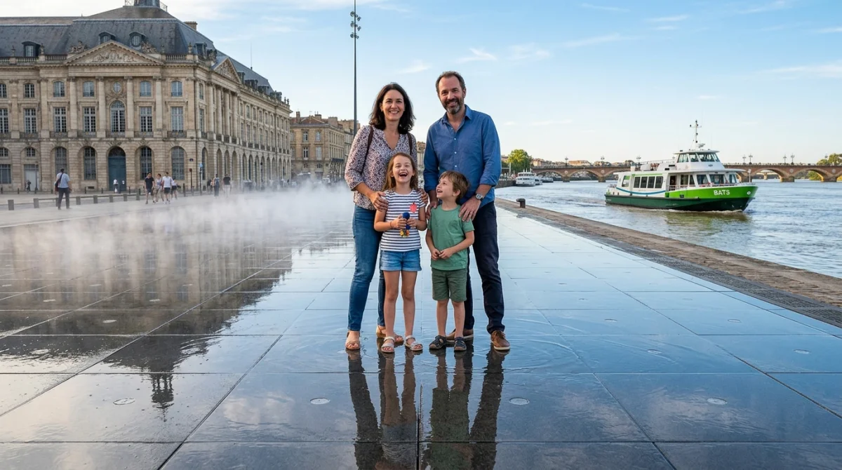 Famille heureuse profitant d'une activité à Bordeaux devant le Miroir d'eau et le fleuve Garonne.