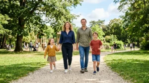 Famille heureuse se promenant dans un parc verdoyant de Bordeaux, une activité idéale en famille en plein air.