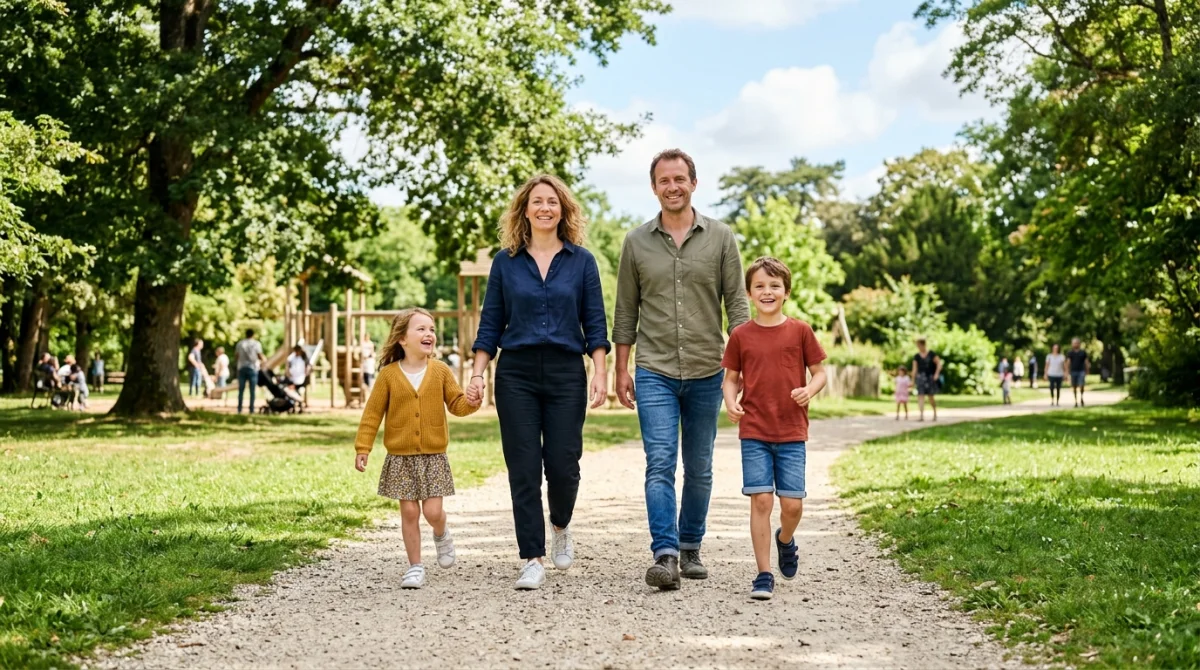 Famille heureuse se promenant dans un parc verdoyant de Bordeaux, une activité idéale en famille en plein air.