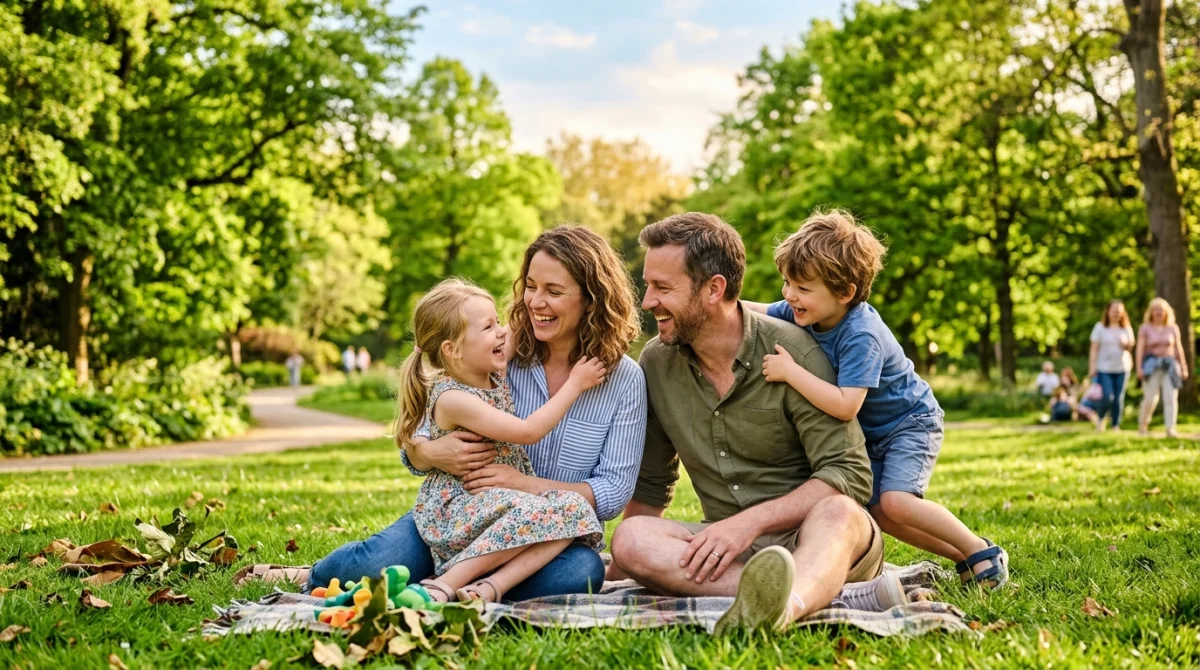 Famille joyeuse partageant une activité en famille dans un parc verdoyant sous une lumière ensoleillée.
