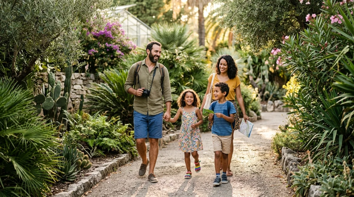 Famille souriante explorant la végétation luxuriante lors d'une activité à Montpellier en famille dans un parc.