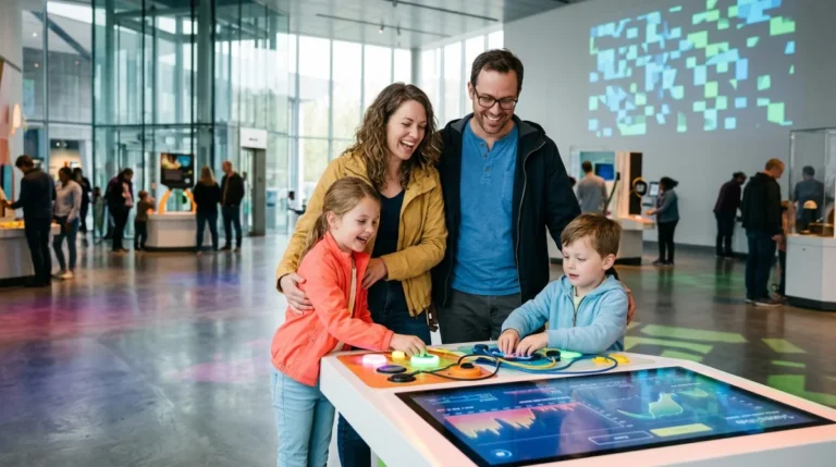 Famille joyeuse découvrant une exposition interactive dans un musée scientifique moderne lors d'une activité à Montpellier en famille.