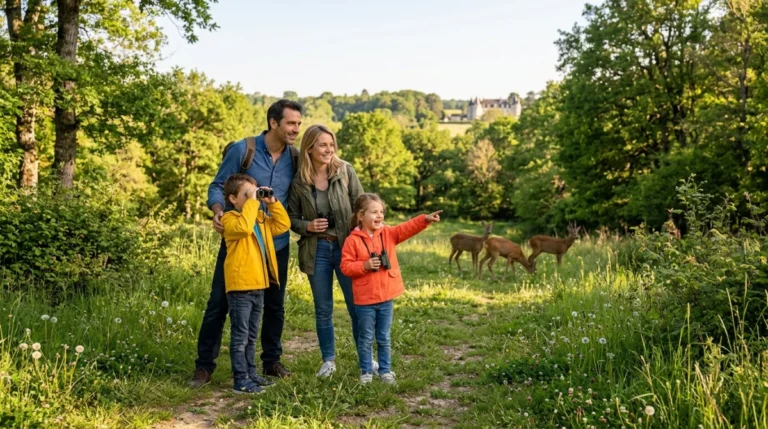 Famille observant des animaux sauvages dans un parc verdoyant lors d'une sortie à Poitiers avec des enfants.