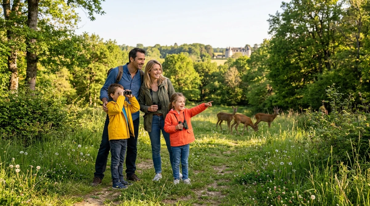 Famille observant des animaux sauvages dans un parc verdoyant lors d'une sortie à Poitiers avec des enfants.