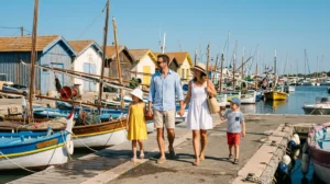 Famille en promenade sur les quais du port du Barcarès devant les cabanes de pêcheurs colorées.