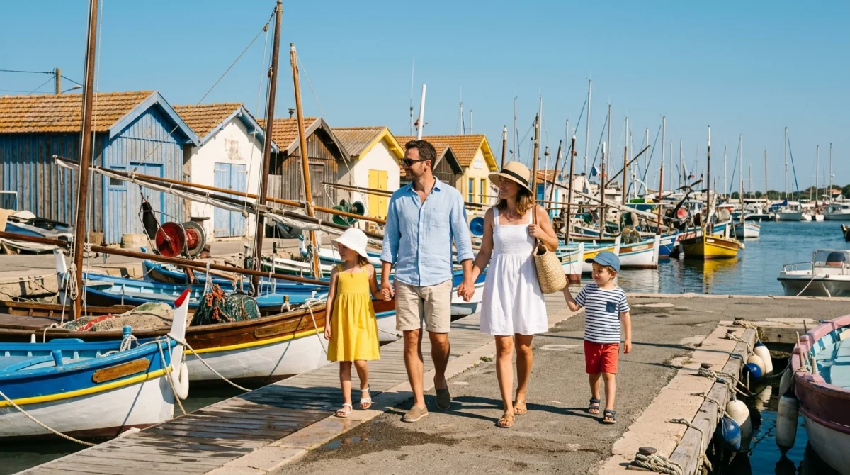 Famille en promenade sur les quais du port du Barcarès devant les cabanes de pêcheurs colorées.
