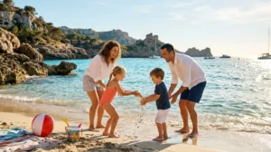 Famille heureuse s'amusant sur une plage méditerranéenne aux eaux cristallines, idéale pour les plus belles destinations en famille.