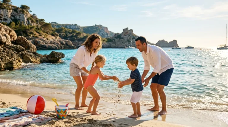 Famille heureuse s'amusant sur une plage méditerranéenne aux eaux cristallines, idéale pour les plus belles destinations en famille.