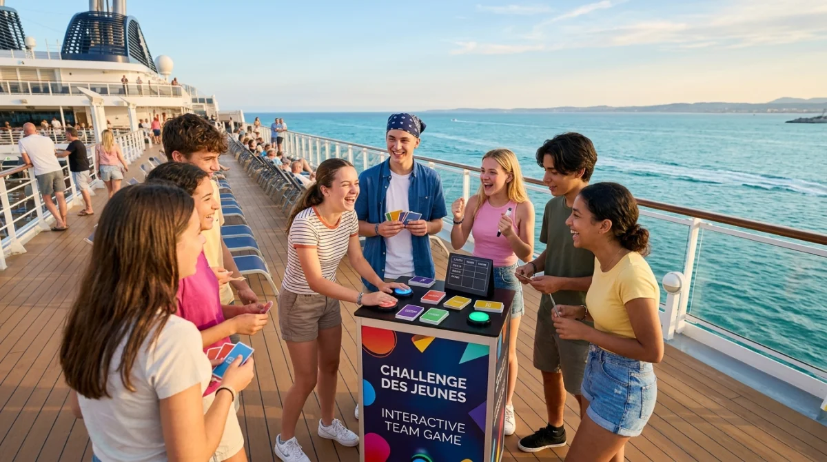 Groupe d'adolescents souriants participant à une activité ludique sur le pont d'un navire durant une croisière en famille.