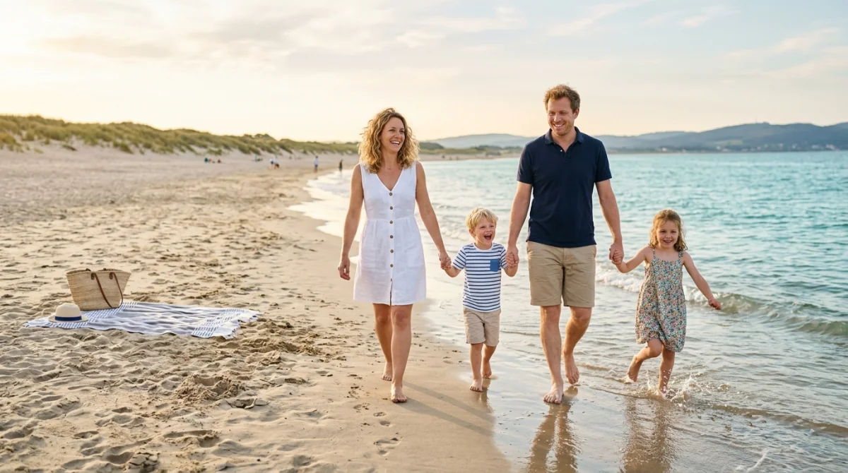 Famille heureuse marchant sur une plage de sable fin, destination idéale pour des vacances en famille en France.