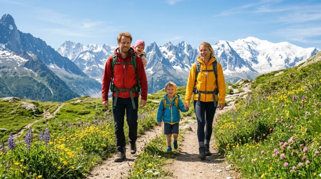 Famille en randonnée sur un sentier de montagne fleuri, destination idéale pour des vacances en famille en France.