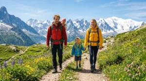 Famille en randonnée sur un sentier de montagne fleuri, destination idéale pour des vacances en famille en France.