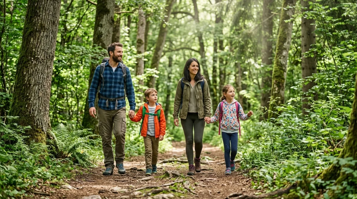 Famille avec deux enfants explorant un sentier de randonnée dans une forêt verdoyante lors d'un voyage en famille.