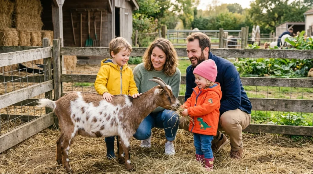 Famille heureuse interagissant avec une chèvre dans une ferme pédagogique pour une sortie en famille en Île-de-France.