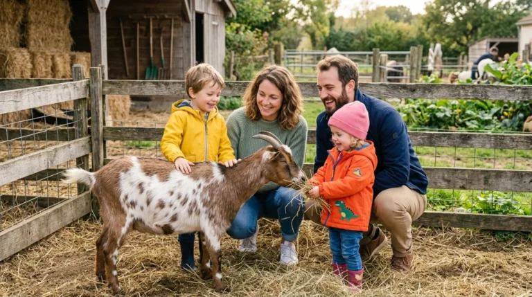 Famille heureuse interagissant avec une chèvre dans une ferme pédagogique pour une sortie en famille en Île-de-France.