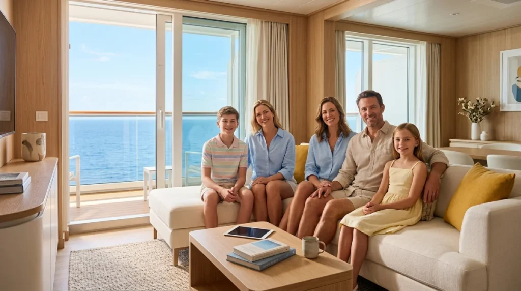 Famille souriante profitant d'une cabine avec balcon lors d'une croisière en famille sur une mer calme.