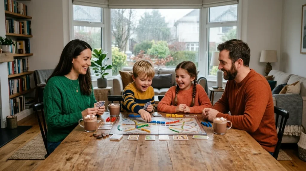 Famille joyeuse partageant une activité en famille autour d'un jeu de société dans un salon chaleureux.