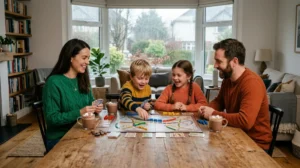 Famille joyeuse partageant une activité en famille autour d'un jeu de société dans un salon chaleureux.
