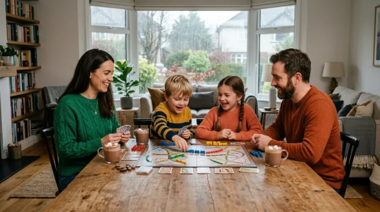 Famille joyeuse partageant une activité en famille autour d'un jeu de société dans un salon chaleureux.