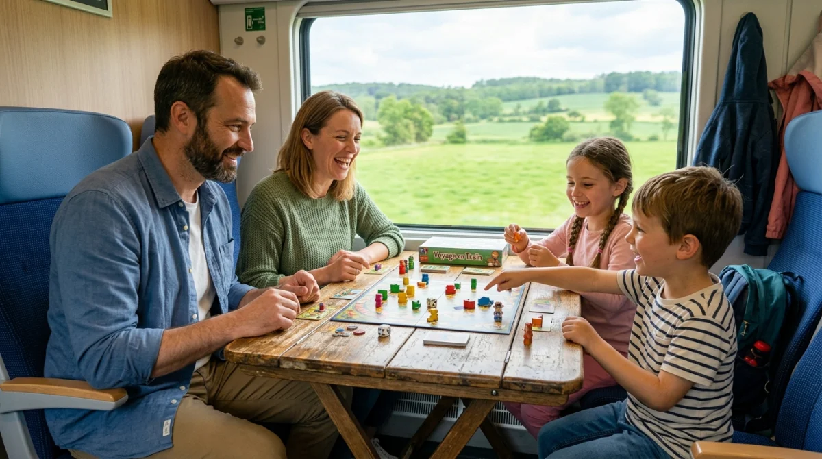 Famille joyeuse partageant un moment de jeux de société en famille dans un wagon de train lumineux.