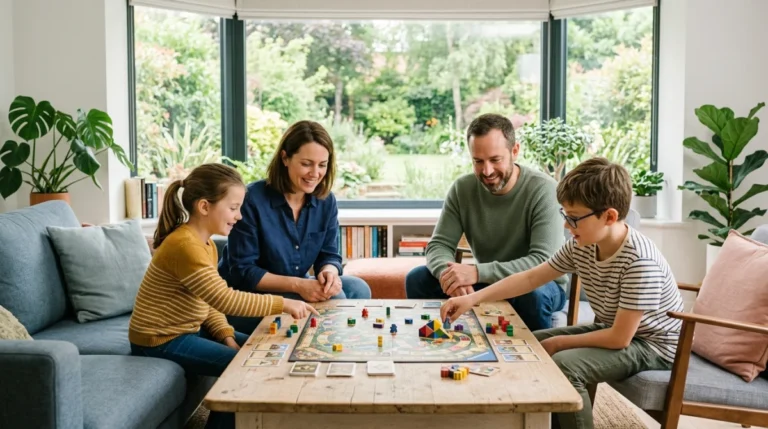 Famille souriante partageant un moment de complicité autour d'un jeu de société dans un salon lumineux et moderne.