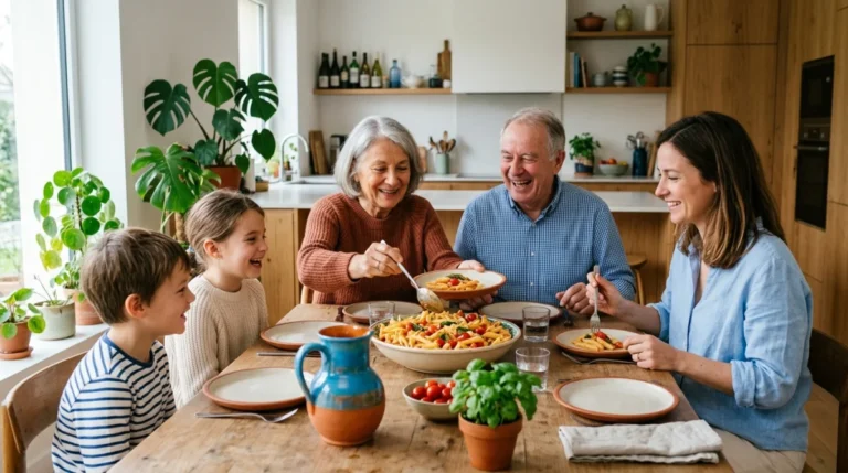 Famille multigénérationnelle partageant un grand plat de pâtes fraîches pour une idée repas en famille conviviale.
