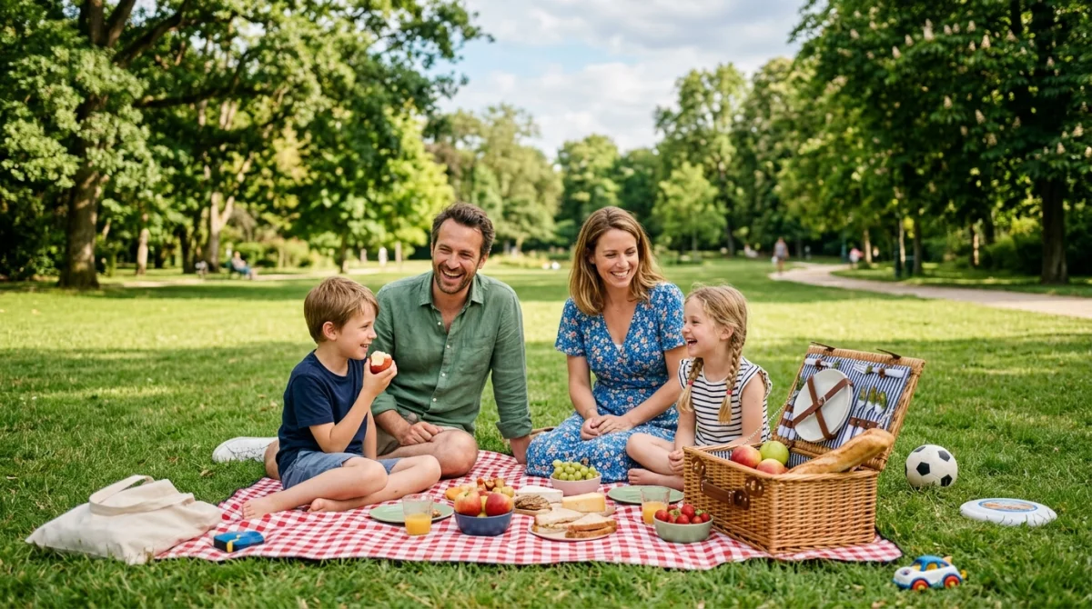 Famille joyeuse profitant d'un pique-nique dans un parc verdoyant pour sortir en famille en Île-de-France.