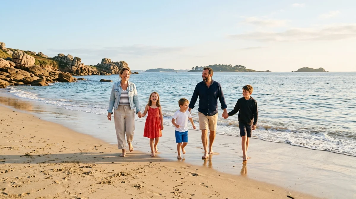 Famille joyeuse marchant sur une plage du Morbihan lors d'un week-end en famille en Bretagne.
