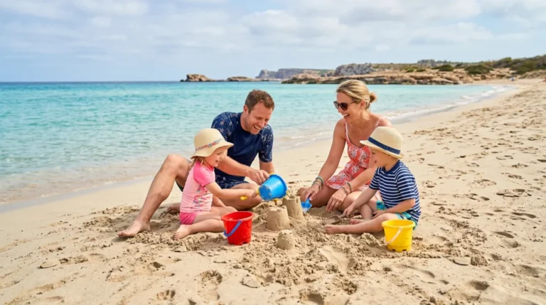 Famille heureuse jouant sur une plage paradisiaque aux Baléares, une destination idéale où partir en octobre en famille.