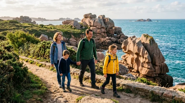 Famille observant les rochers de granit rose de Ploumanac'h lors d'un week-end en famille en Bretagne.