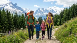 Famille heureuse en randonnée sur un sentier alpin pour vos vacances d'été en famille au mois d'août.