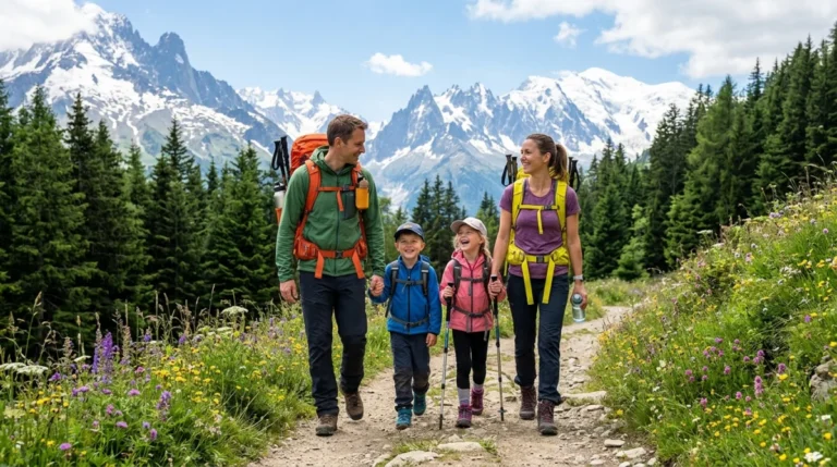 Famille heureuse en randonnée sur un sentier alpin pour vos vacances d'été en famille au mois d'août.