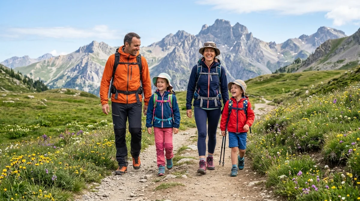 Famille heureuse en randonnée dans les montagnes du Queyras pour des vacances réussies où partir en juillet en famille.