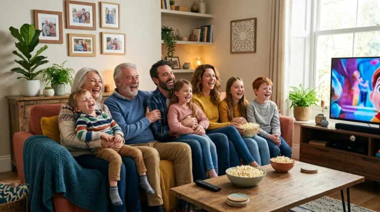 Famille multigénérationnelle éclatant de rire devant un film comique dans un salon moderne et chaleureux.