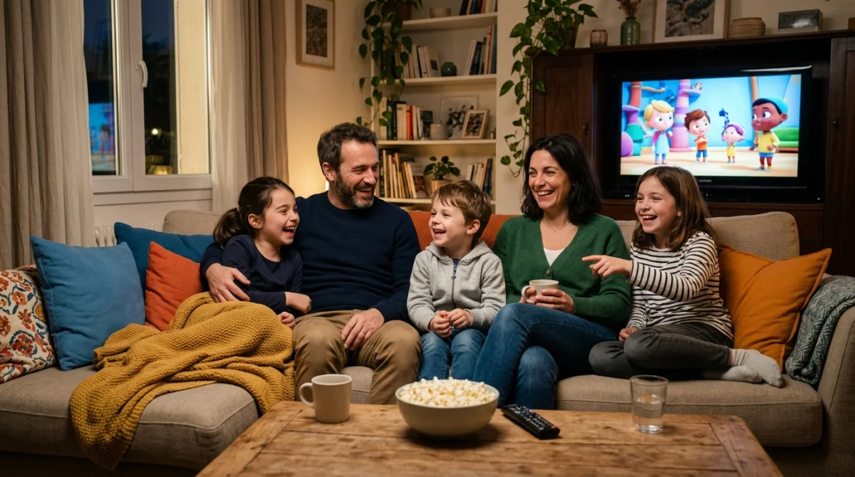 Famille joyeuse installée sur un canapé confortable pour regarder un film comique à regarder en famille.